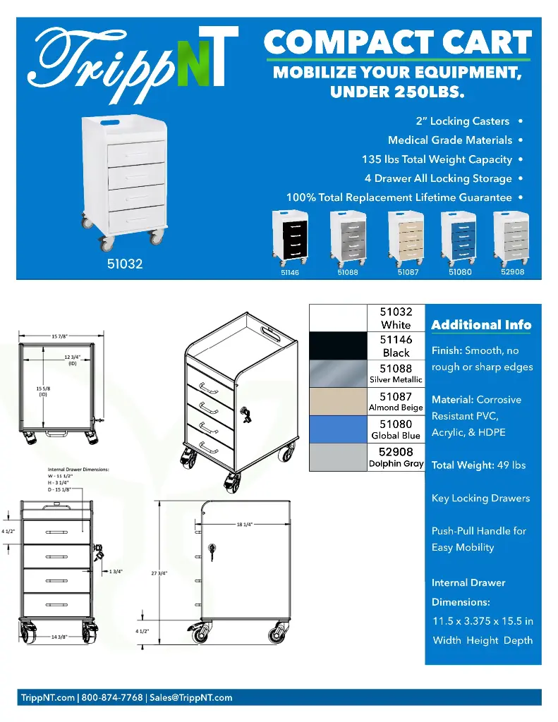 Polyethylene Compact Locking Cart, 14" Width x 27" Height x 19" Depth, 4 Drawers, White