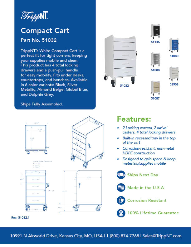 Polyethylene Compact 4 Drawer Locking Cart, 14 3/8" Width x 27 7/8" Height x 18 3/8" Depth, Almond