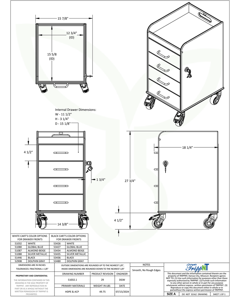 Polyethylene Compact Locking Cart, 14" Width x 27" Height x 19" Depth, 4 Drawers, White