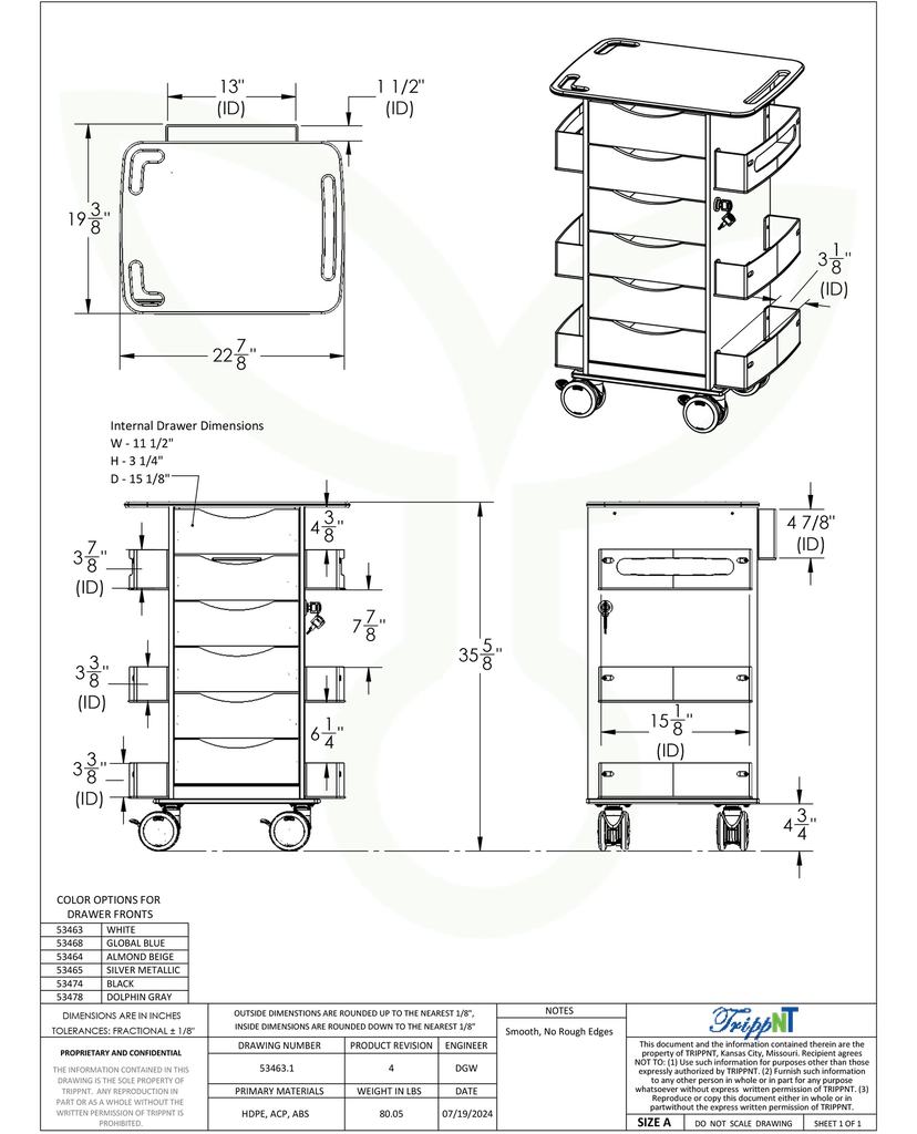 Polyethylene Core 6D Cart with White Drawers, 22 7/8" Width X 35 5/8" Height X 19 3/8" Depth