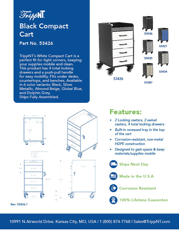 Black Polyethylene Compact Cart with Black Drawers, 14 3/8" Width x 27 7/8" Height x 18 3/8" Depth