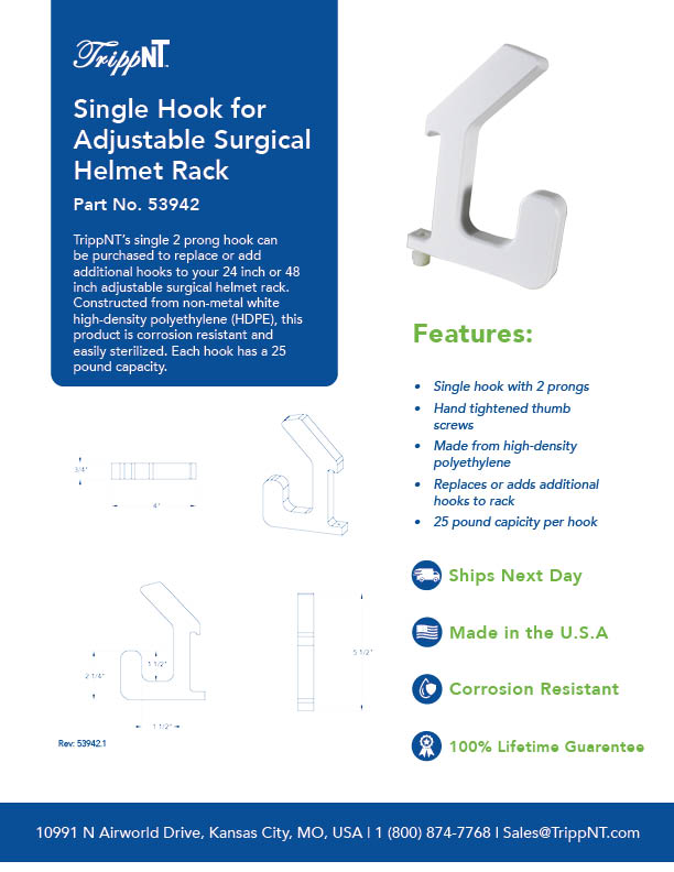 Single Hook for Adjustable Surgical Helmet Rack