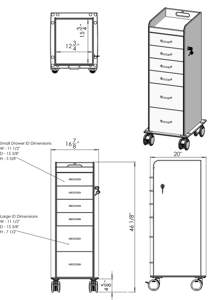 Tall Locking Cart 6D with White Drawers