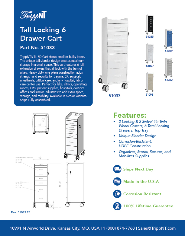 Tall Locking Cart 6D with Blue Drawers