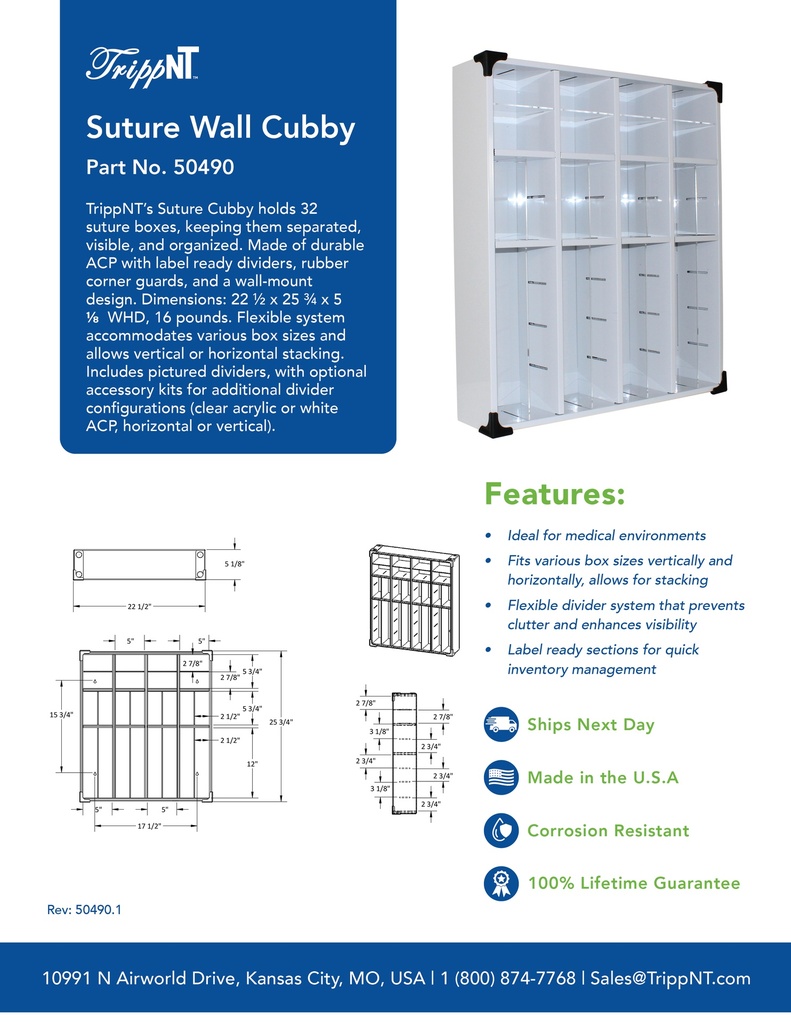 Wall Mounted Medical Suture Cubby, 22 1/2 x 25 3/4 x 5 1/8 inches WHD