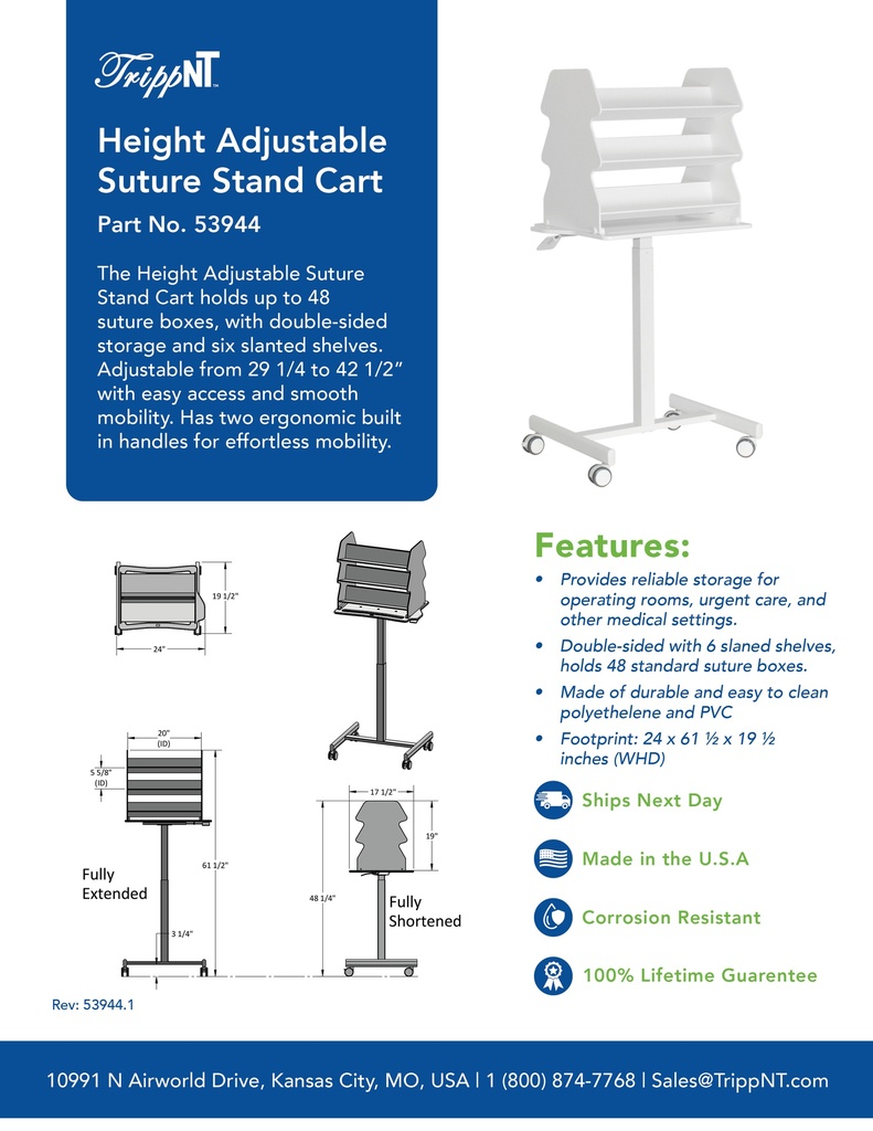 53944 Height Adjustable Doube-Sided Medical Suture Stand Companion Cart, 24 x 61 ½ x 19 ½ inches WHD